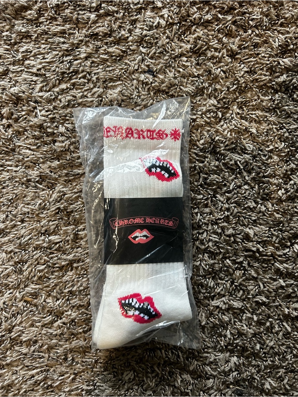 Chrome Hearts White Crew Socks with Pink & Black Lip Graphic
